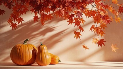 Orange autumn pumpkins maple leaves warm lighting - Powered by Adobe