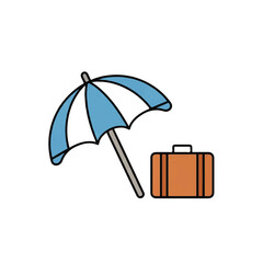 Stylized flat vector icon depicting a striped beach umbrella alongside a classic travel suitcase, perfect for themes of summer vacation, holiday trips, travel insurance, or leisure planning