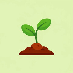 Minimalist flat design of a young green plant sprout in soil, representing nature, ecology, and new life