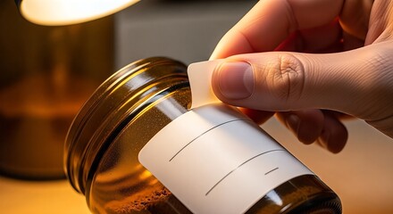 Applying a blank label to a brown glass jar, close-up shot.