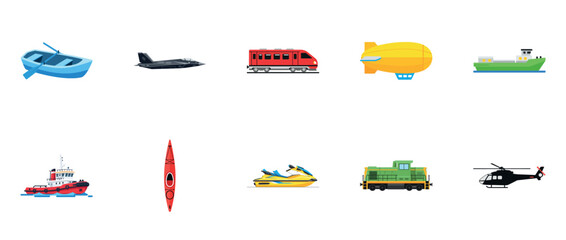 Fototapeta premium Different modes of transportation: boats, aircraft, trains, and vehicles illustrations