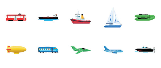 Various modes of transportation: bus, ship, yacht, boat, airship, train, jet, airplane