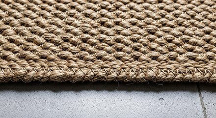 Close-up view of a textured woven rug with a natural fiber appearance.