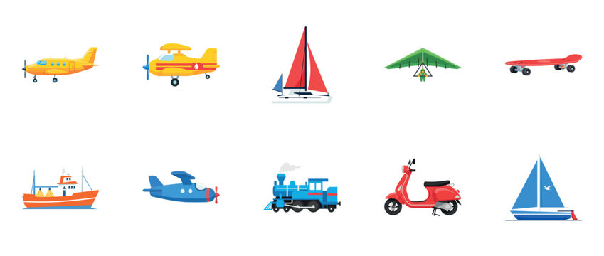 Various modes of transportation: airplanes, boats, hang glider, scooter, train, skateboard