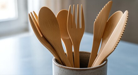 Wooden cutlery set in a ceramic cup, eco-friendly and sustainable.