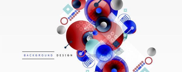 Abstract geometric design. Circles, squares, dots create modern visual composition. Red, blue, gray tones dominate. Clean background enhances shapes.