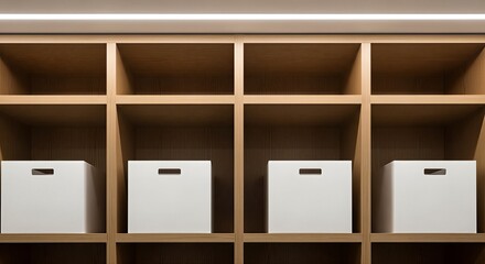 Wooden Shelves with White Boxes for Storage and Organization.