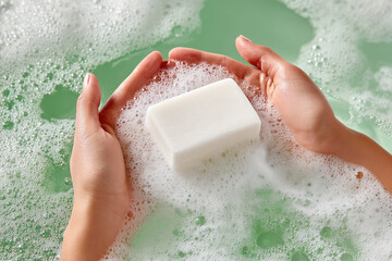 Fototapeta premium Hands hold a bar of white soap over foamy water in the bath