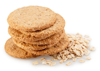 Oatсakes or oat biscuits and several rolled oats isolated on white background. File contains clipping paths.