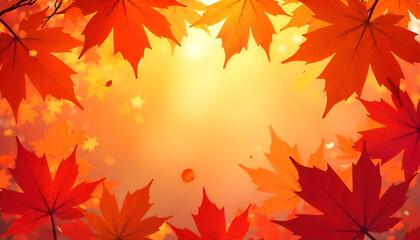 Obraz premium Vibrant Autumn Maple Leaves Vector Frame Background | Fall Foliage Border with Glowing Golden Sunlight