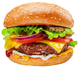 Hamburger or cheeseburger with vegetables and lettuce isolated on white background.