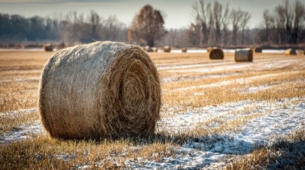 Arkansas Winter: Seasonal Feed for Hay Bale in the Frosty Pasture Field