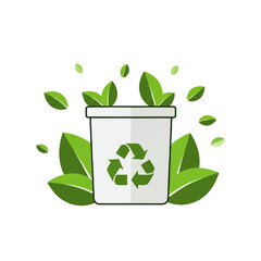 Eco-friendly waste bin with recycling symbol surrounded by green leaves, representing sustainability and environmental care