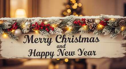 Festive Wooden Sign with Garland and Lights Wishing Merry Christmas and Happy New Year