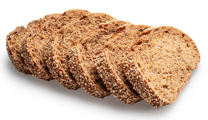 Slices of rye bread with sesame seeds isolated white background. File contains clipping paths.