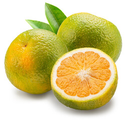 Green tangerine and cross section of tangerine fruit isolated on white background. File contains clipping paths.