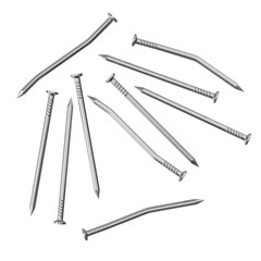 Scattered Metal Nails on White Background