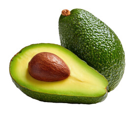 Ripe green fruit with textured skin, one halved, revealing creamy flesh