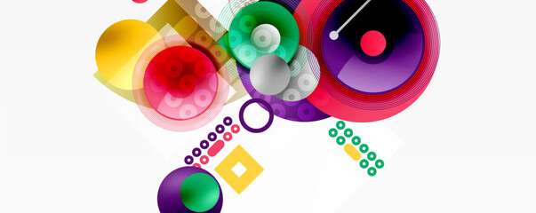 Abstract colorful shapes overlap, creating dynamic composition. Circles, squares, lines form modern design elements. Bright hues dominate.