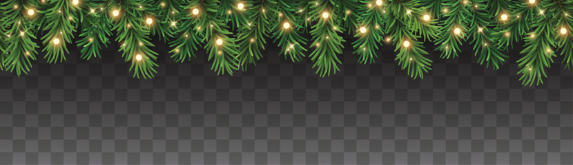 Fototapeta na wymiar Seamless decorative vector christmas border with coniferous branches and garlands of christmas lights on transparent background