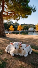 Two fluffy white newborn lambs resting peacefully on grassy ground near a calm lake with autumn trees in soft sunlight