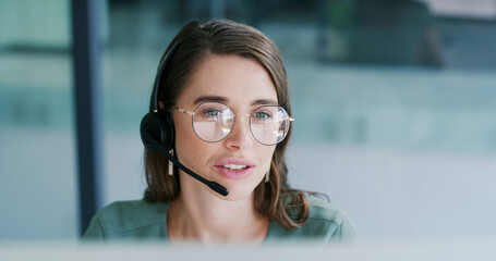 Headset, communication and woman in call center for customer care, talking and online help desk....