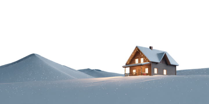 Cozy winter cabin with Christmas lights in snowy landscape at night Holiday home with illuminated windows and snowcovered roof Concept of Christmas, holiday season, and winter wonderland