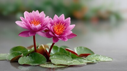 Two vibrant pink lotus flowers with orange centers bloom in calm water surrounded by green lily pads glistening with water droplets soft green foliage in the background creates a serene atmosphere
