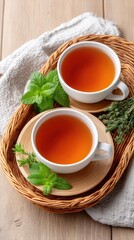 Two White Cups Filled With Warm Amber Herbal Tea Garnished With Fresh Mint and Thyme Leaves Arranged On A Wicker Tray With A Light Gray Napkin And Wooden Background.