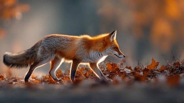 Wild fox in autumn forest walking through fallen leaves at sunset