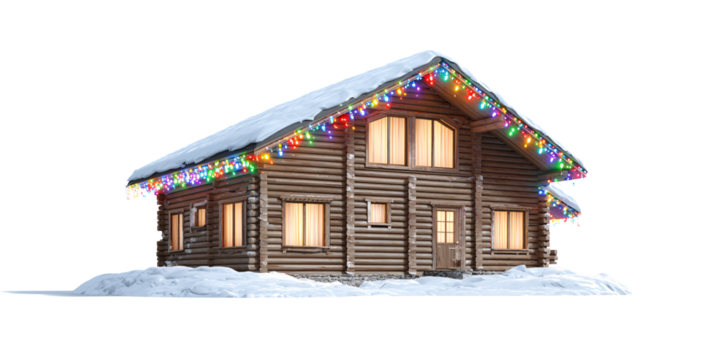 Cozy log cabin decorated with colorful Christmas lights in winter wonderland, snow covered roof and ground, festive holiday season - Powered by Adobe
