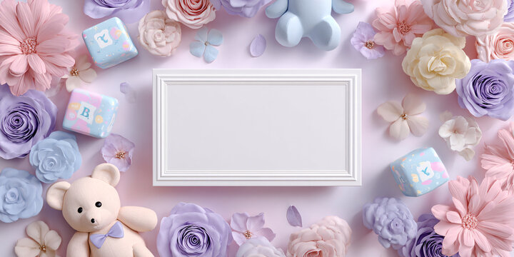 Pastel floral frame with teddy bear and baby blocks for baby shower invitation or nursery art Concept of newborn, baby, and celebration