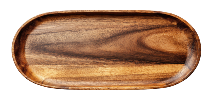 Oval shaped wooden serving tray with rich wood grain