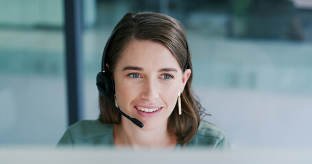 Smile, call center and woman with computer in office for help desk, language translation or crm....