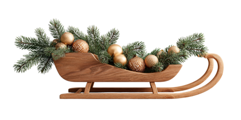 Festive wooden sleigh carrying golden Christmas ornaments and evergreen branches, creating a cozy holiday season decoration and winter celebration