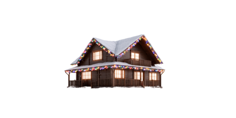 Cozy log cabin decorated with colorful Christmas lights and snow on the roof, creating a festive holiday atmosphere in winter season