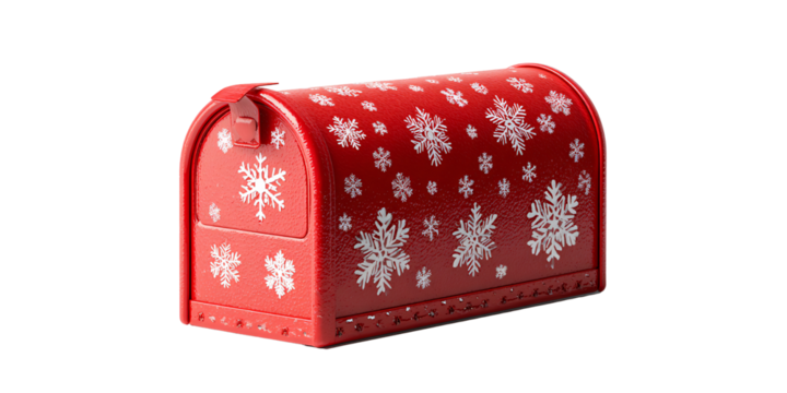 Festive Red Mailbox with Snowflake Design for Holiday Greetings and Christmas Decoration Concept of winter season, seasonal greetings, and holiday spirit