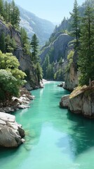 Turquoise Glacier Fed River Flows Through Rugged Mountain Canyon Lined With Pine Trees Under Bright Sunlight