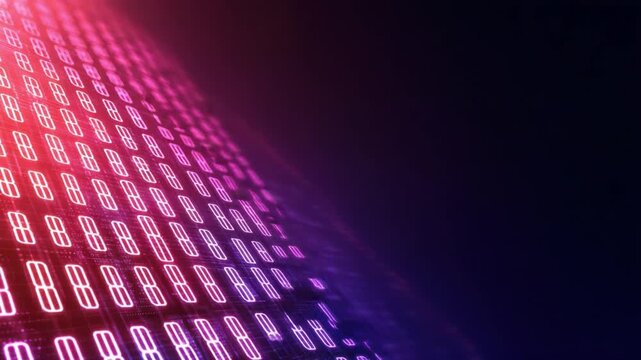 Abstract digital background with glowing neon binary code cascading down in vibrant colors of pink and blue
