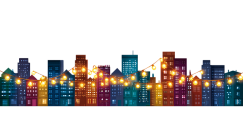 Festive Cityscape Silhouette with Glowing String Lights for Holiday Season Celebration and Urban Decor