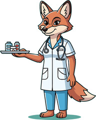 Cartoon fox nurse holding a tray of medicine bottles. Represents medical care, pharmacy, health services & compassionate animal healthcare.