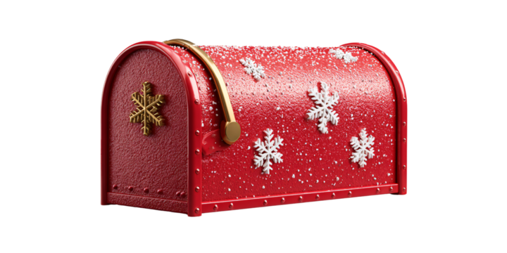 Festive Red Mailbox with Snowflakes, Covered in Snow Concept of Christmas Greetings, Holiday Season, and Winter Celebration