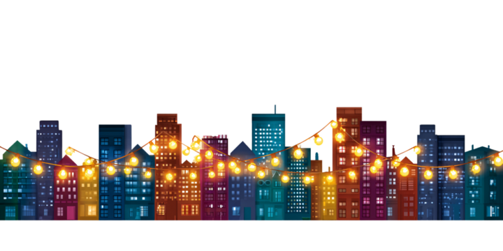 Festive Cityscape Silhouette with Glowing String Lights for Holiday Season Celebration and Urban Decor
