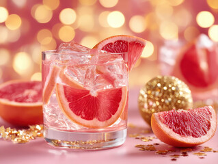 Refreshing cocktail with grapefruit slices and ice in glass set in warm Christmas mood with golden bokeh lights and festive decorations creating joyful atmosphere