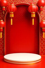 Podium and backdrop with oriental red elements, Chinese New Year design