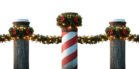 Festive Christmas garland and red bows adorning rustic wooden posts and candy cane pole, creating a holiday atmosphere and seasonal cheer