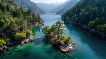 Turquoise Water Lake Surrounded By Dense Green Forested Mountains And A Small Rocky Island With A Lone Tree Under Bright Sunlight