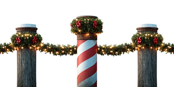 Festive Christmas garland and red bows adorning rustic wooden posts and candy cane pole, creating a holiday atmosphere and seasonal cheer
