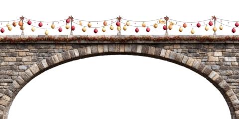 Stone bridge arch decorated with Christmas lights and floral garland Festive holiday season decoration with red and gold ornaments for winter celebration