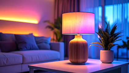 Photorealistic smart lamp glowing softly in dark room with colored ambient light, symbolizing innovation in home technology